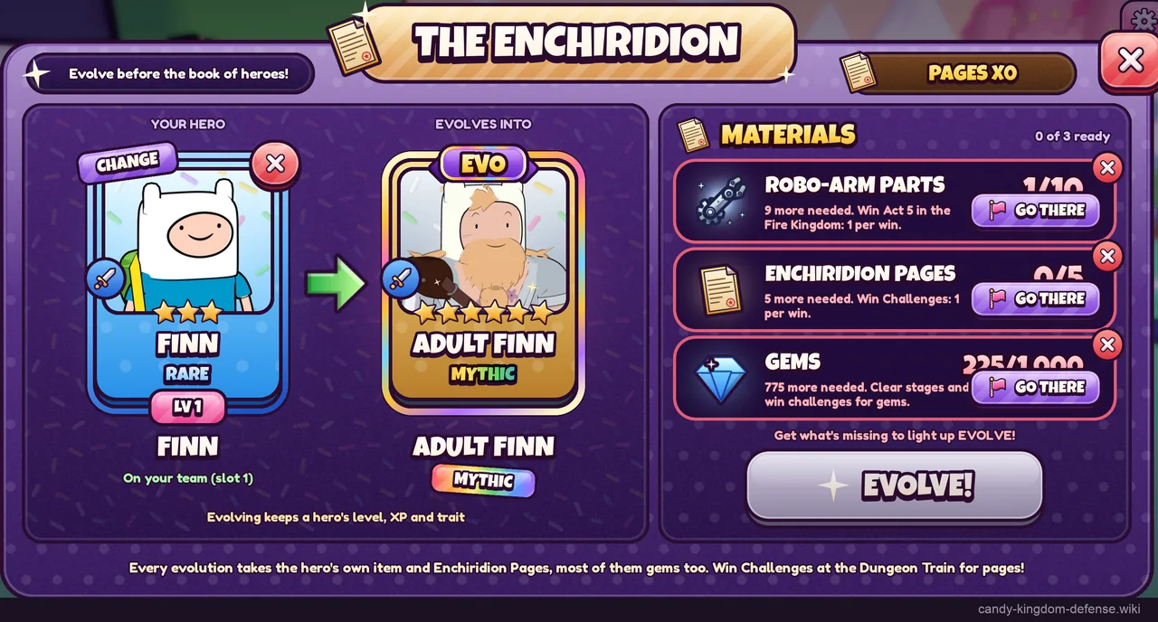 Adult Finn evolution card showing level, XP and trait are kept