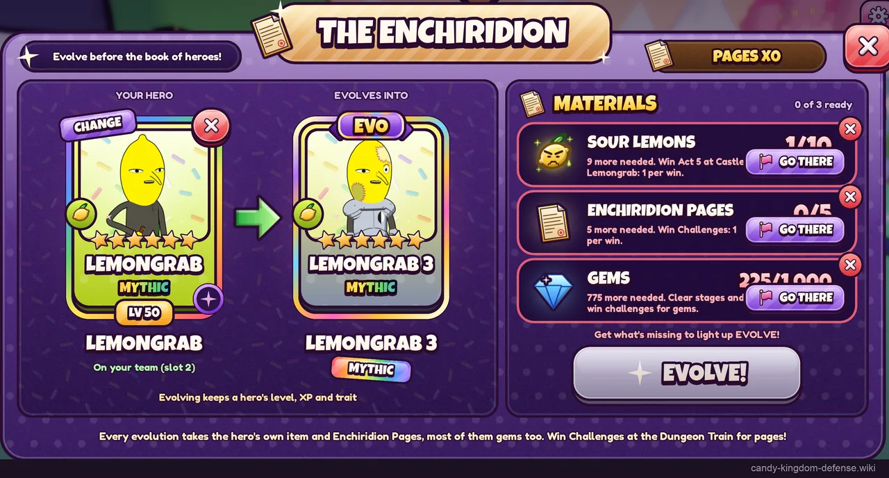 Lemongrab evolution recipe using Sour Lemons and Enchiridion Pages