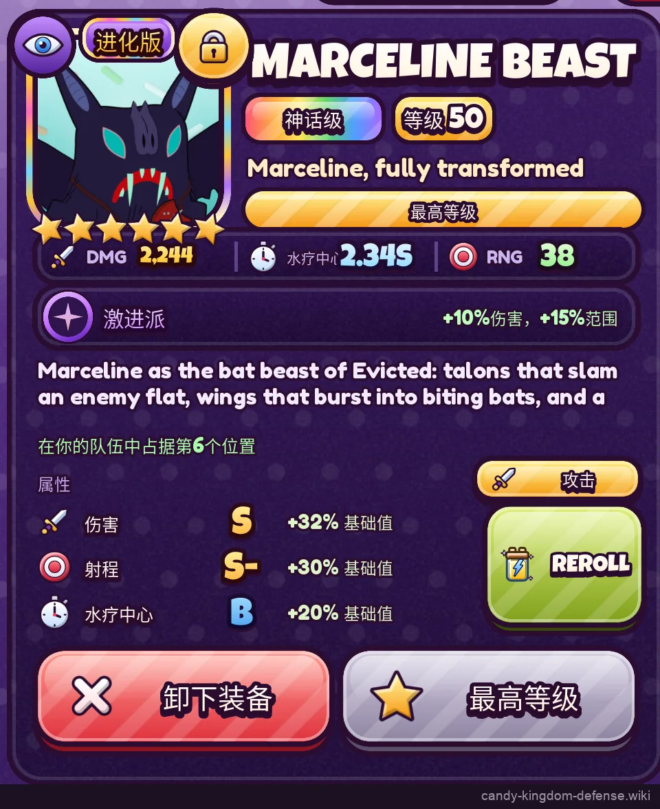 Marceline Beast profile at level 50 with the Radical trait