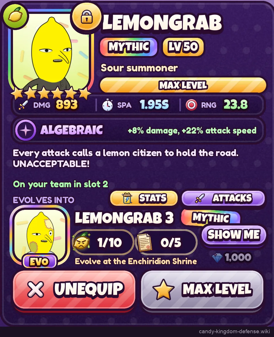 Lemongrab level 50 panel with the Algebraic trait