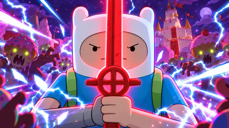 Official Roblox key art of Finn facing candy zombies at the pink castle