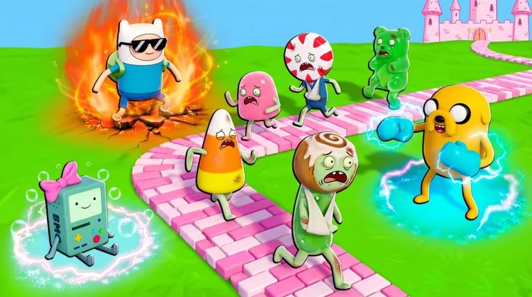 Official Roblox key art of Finn, BMO and Jake facing zombies