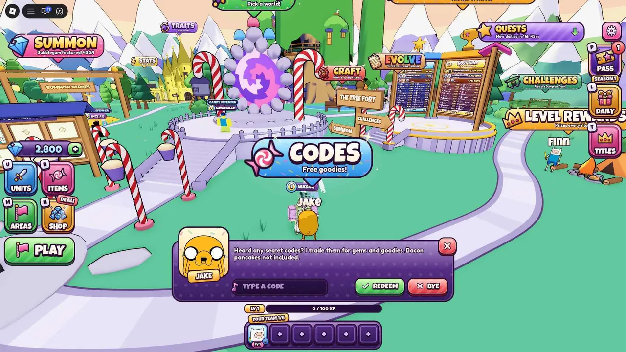 In-game CODES panel with a TYPE A CODE field and REDEEM button